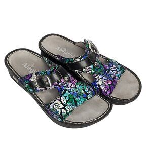 Alegria Peg Floral Sandals Sz 37 7 7.5 Purple Black Bling Buckle Comfort Slide